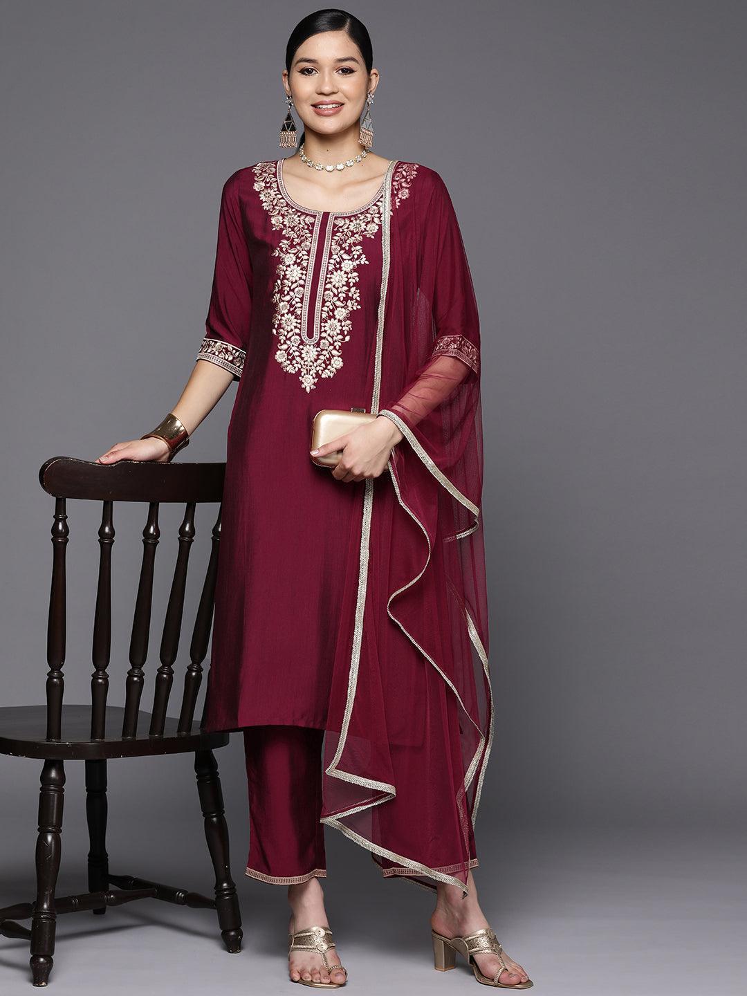Burgundy Yoke Design Silk Blend Straight Suit Set With Trousers - Libas