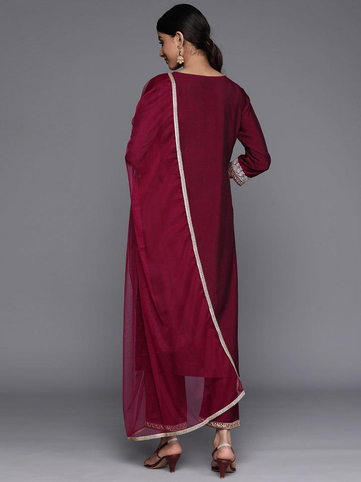 Burgundy Embroidered Silk Blend Suit Set With Trousers