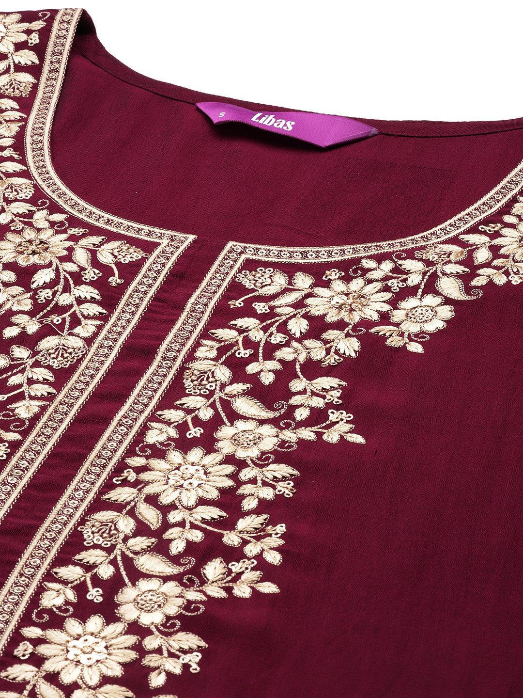 Burgundy Yoke Design Silk Blend Straight Suit Set With Trousers - Libas