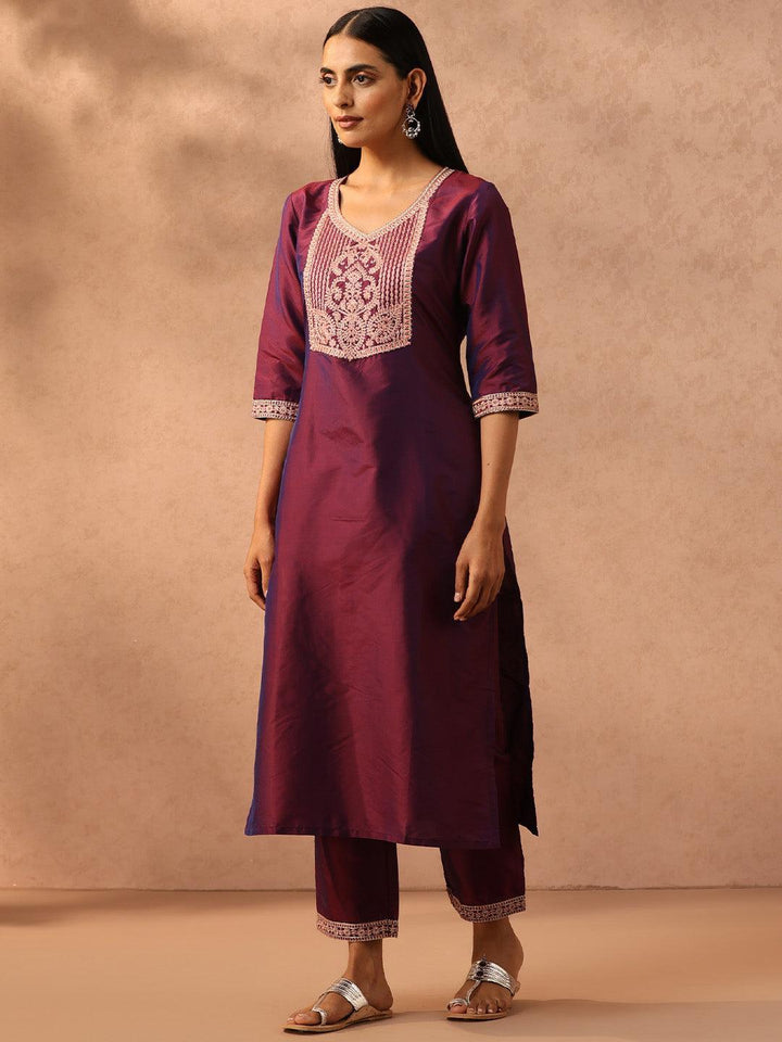 Burgundy Yoke Design Silk Blend Suit Set With Trousers