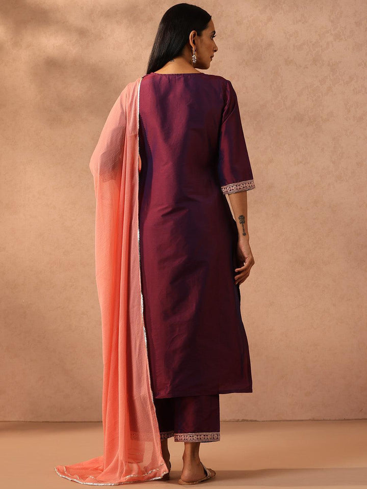 Burgundy Yoke Design Silk Blend Suit Set With Trousers