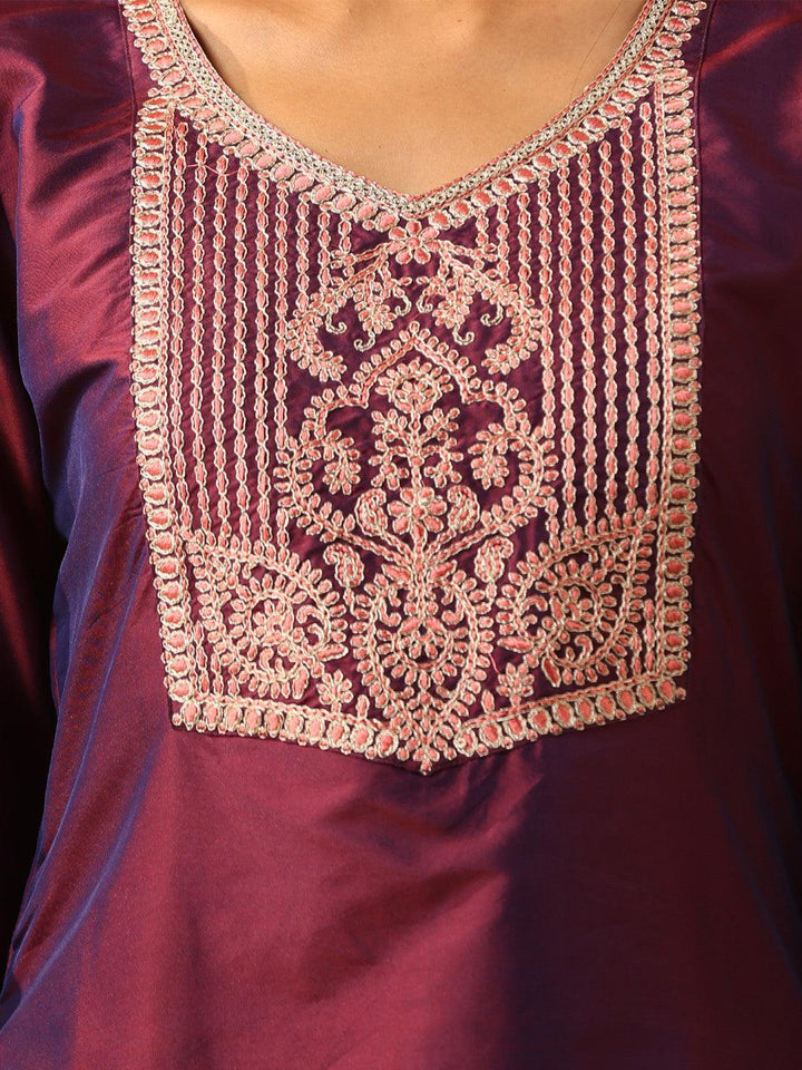 Burgundy Yoke Design Silk Blend Suit Set With Trousers