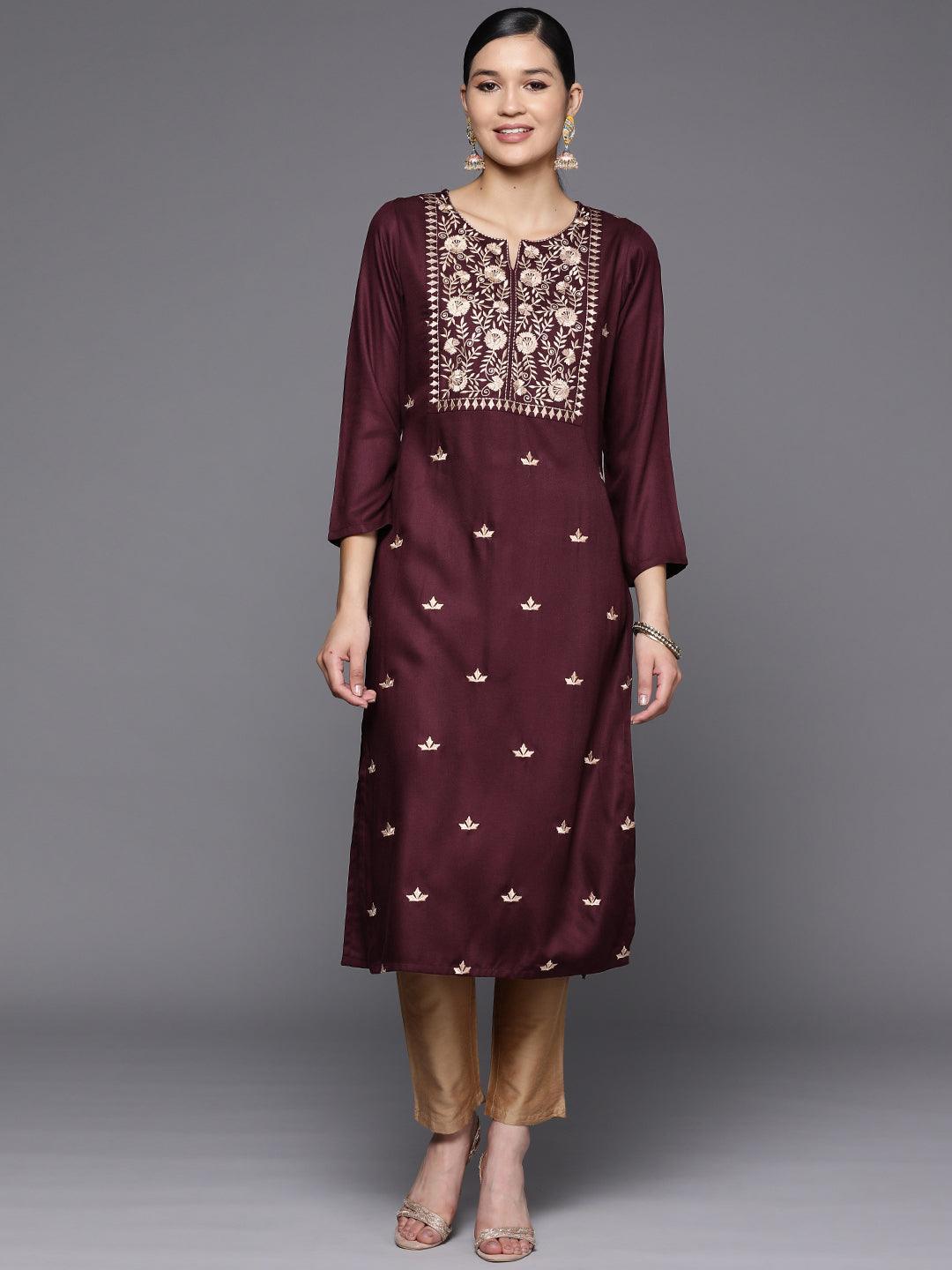 Burgundy Yoke Design Wool Straight Kurta - Libas