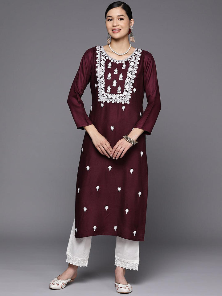 Burgundy Yoke Design Wool Straight Kurta