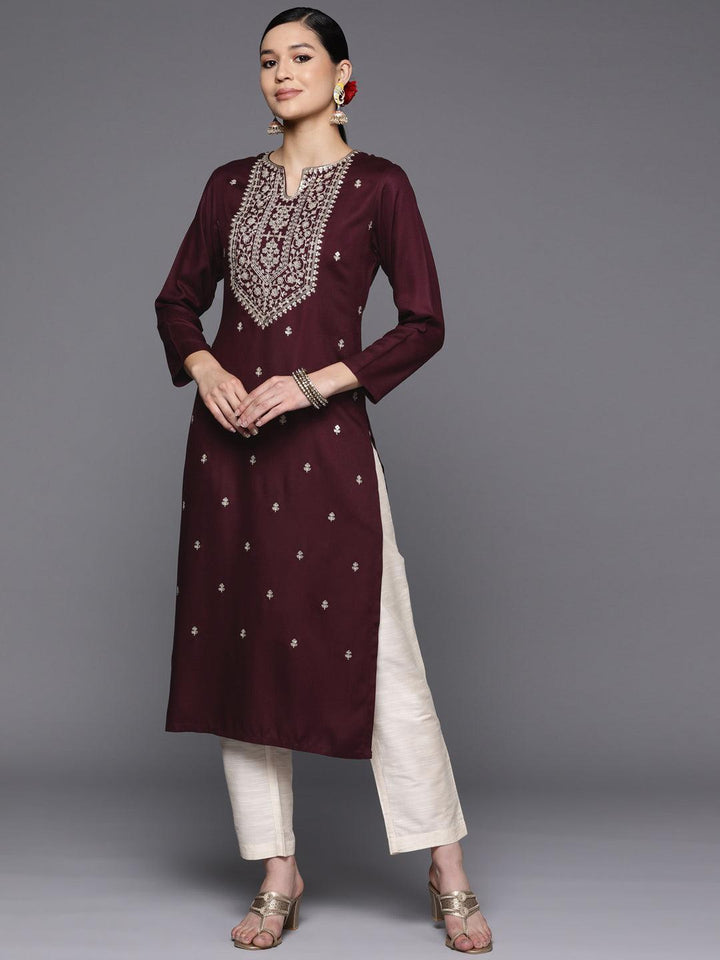 Burgundy Yoke Design Wool Straight Kurta