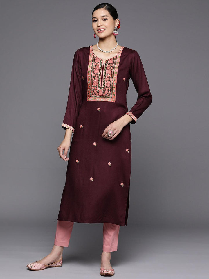 Burgundy Yoke Design Wool Straight Kurta