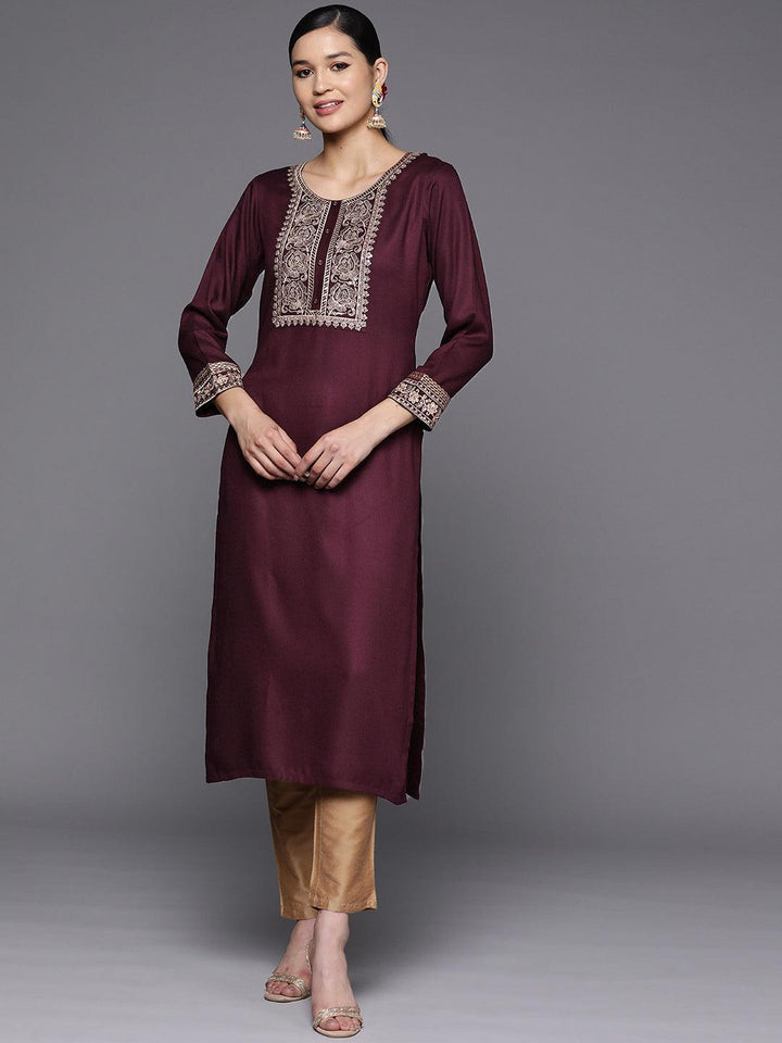 Burgundy Yoke Design Wool Straight Kurta