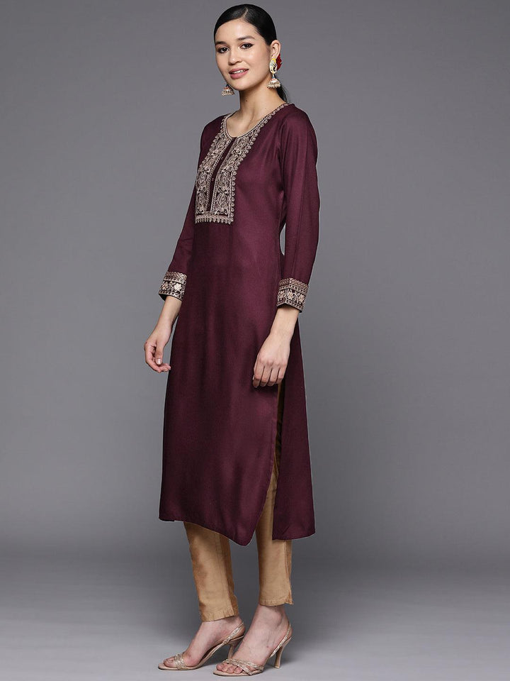 Burgundy Yoke Design Wool Straight Kurta