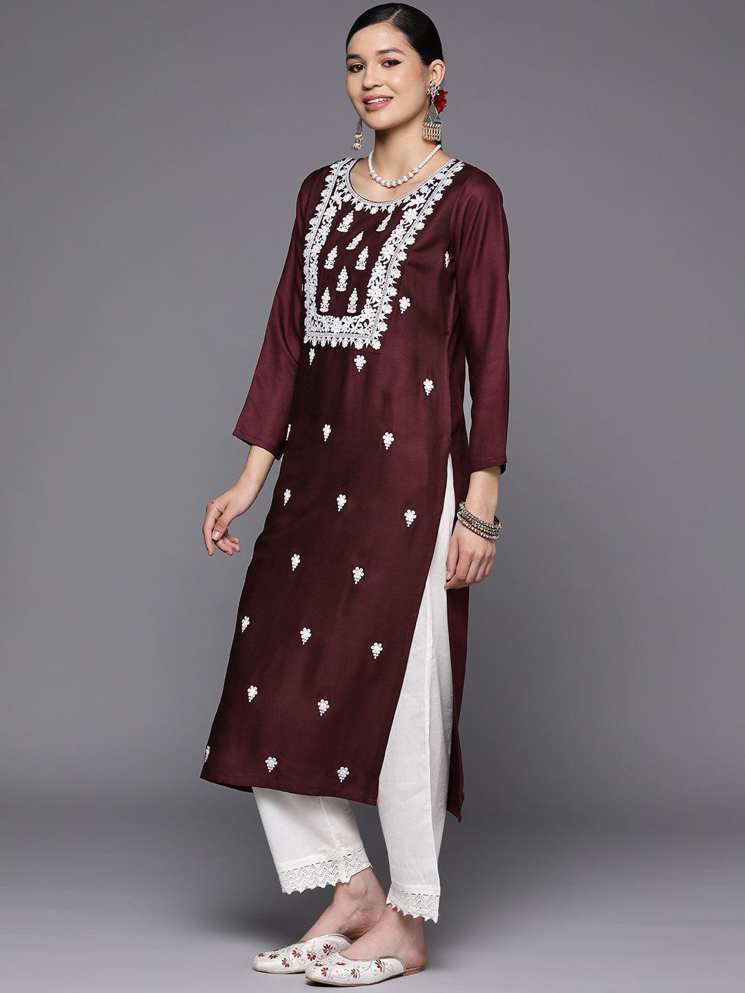 Burgundy Yoke Design Wool Straight Kurta - Libas
