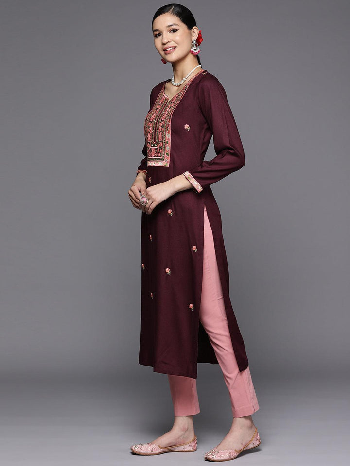 Burgundy Yoke Design Wool Straight Kurta
