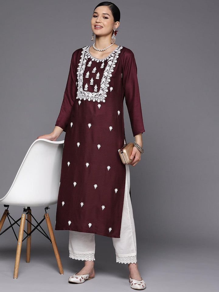 Burgundy Yoke Design Wool Straight Kurta