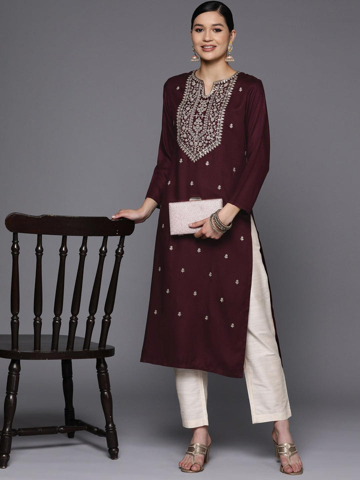 Burgundy Yoke Design Wool Straight Kurta