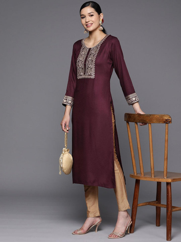 Burgundy Yoke Design Wool Straight Kurta