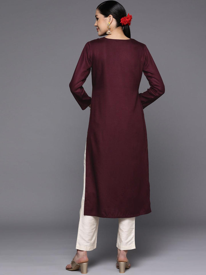 Burgundy Yoke Design Wool Straight Kurta