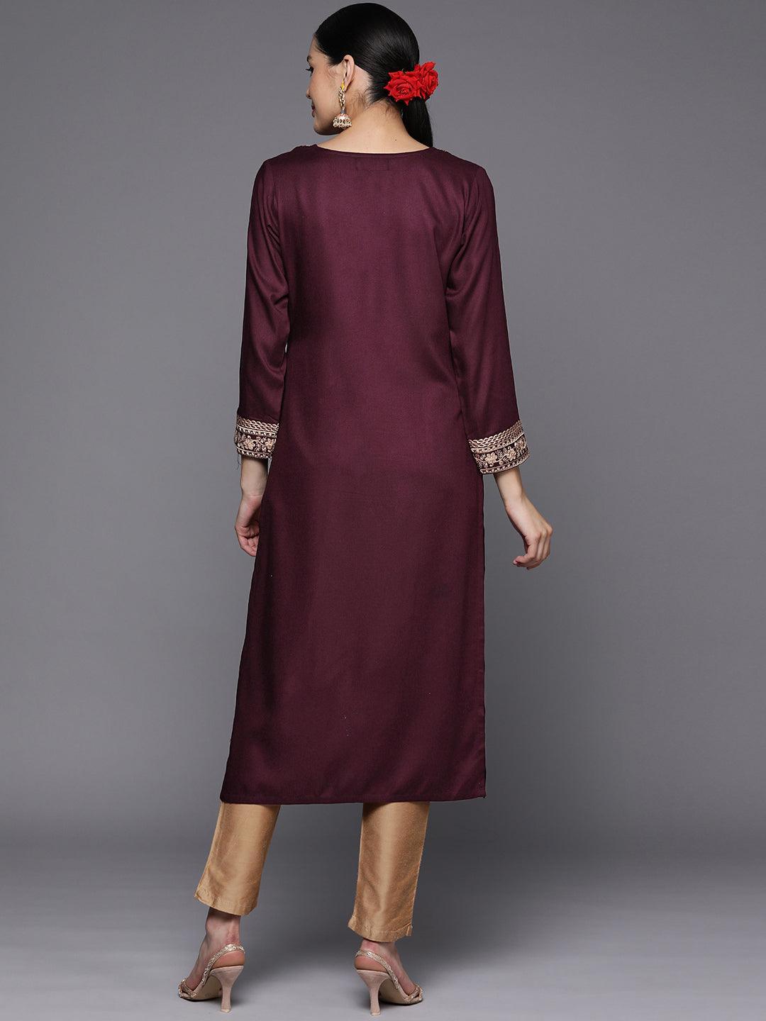 Burgundy Yoke Design Wool Straight Kurta - Libas