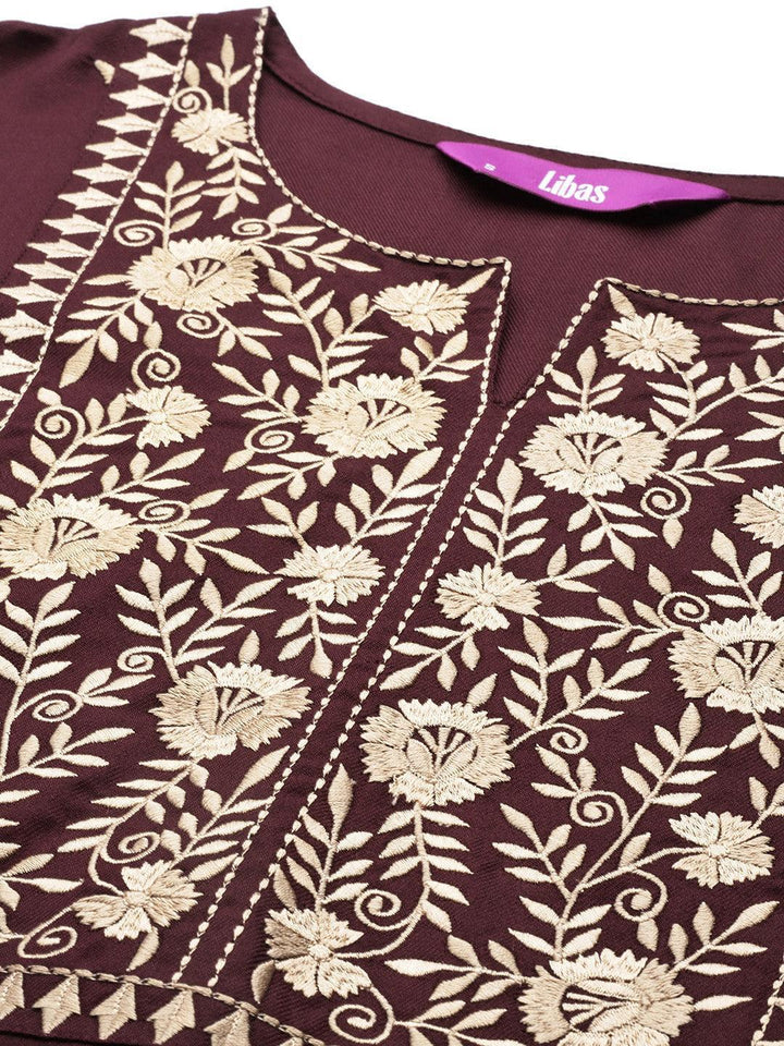 Burgundy Yoke Design Wool Straight Kurta