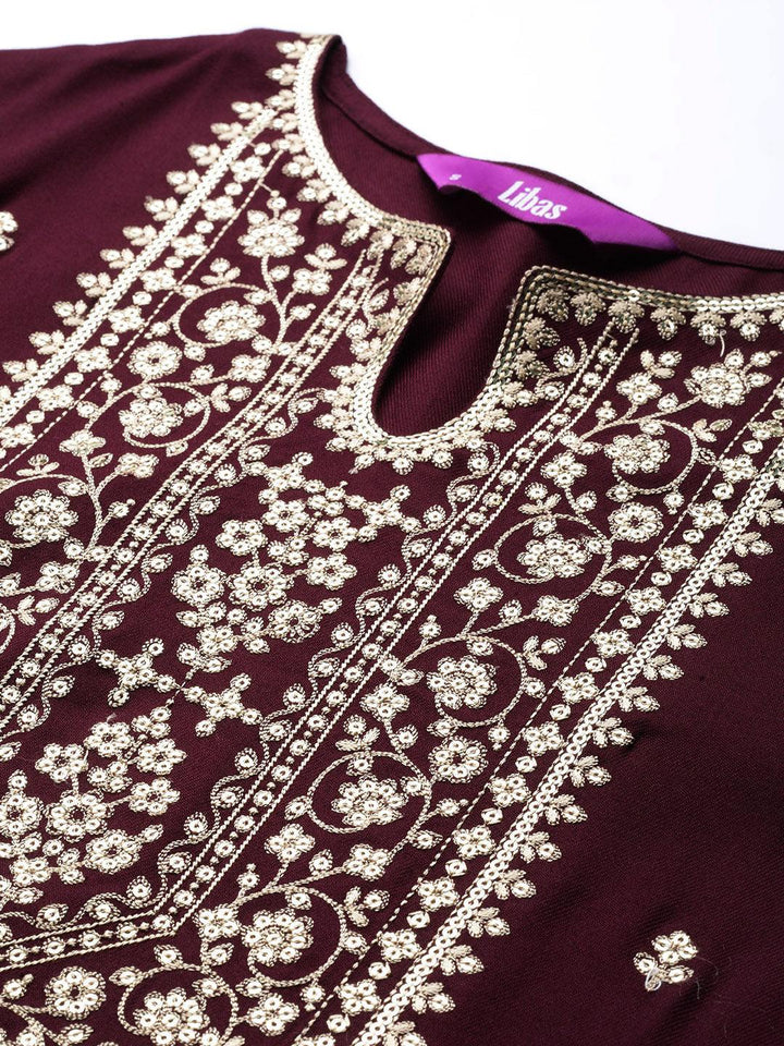 Burgundy Yoke Design Wool Straight Kurta