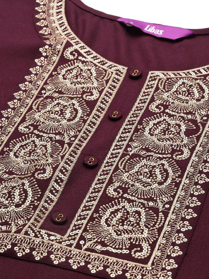 Burgundy Yoke Design Wool Straight Kurta