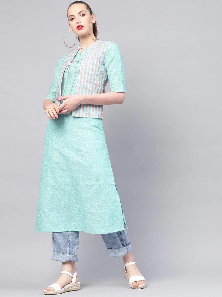 Blue Solid Cotton Kurta With Jacket