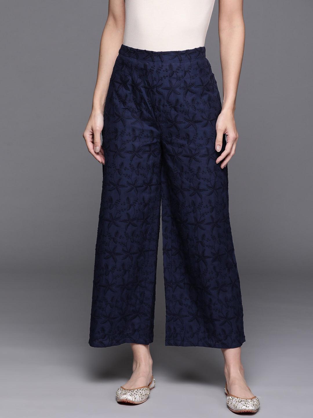 Blue Embroidered Cotton Palazzos - ShopLibas
