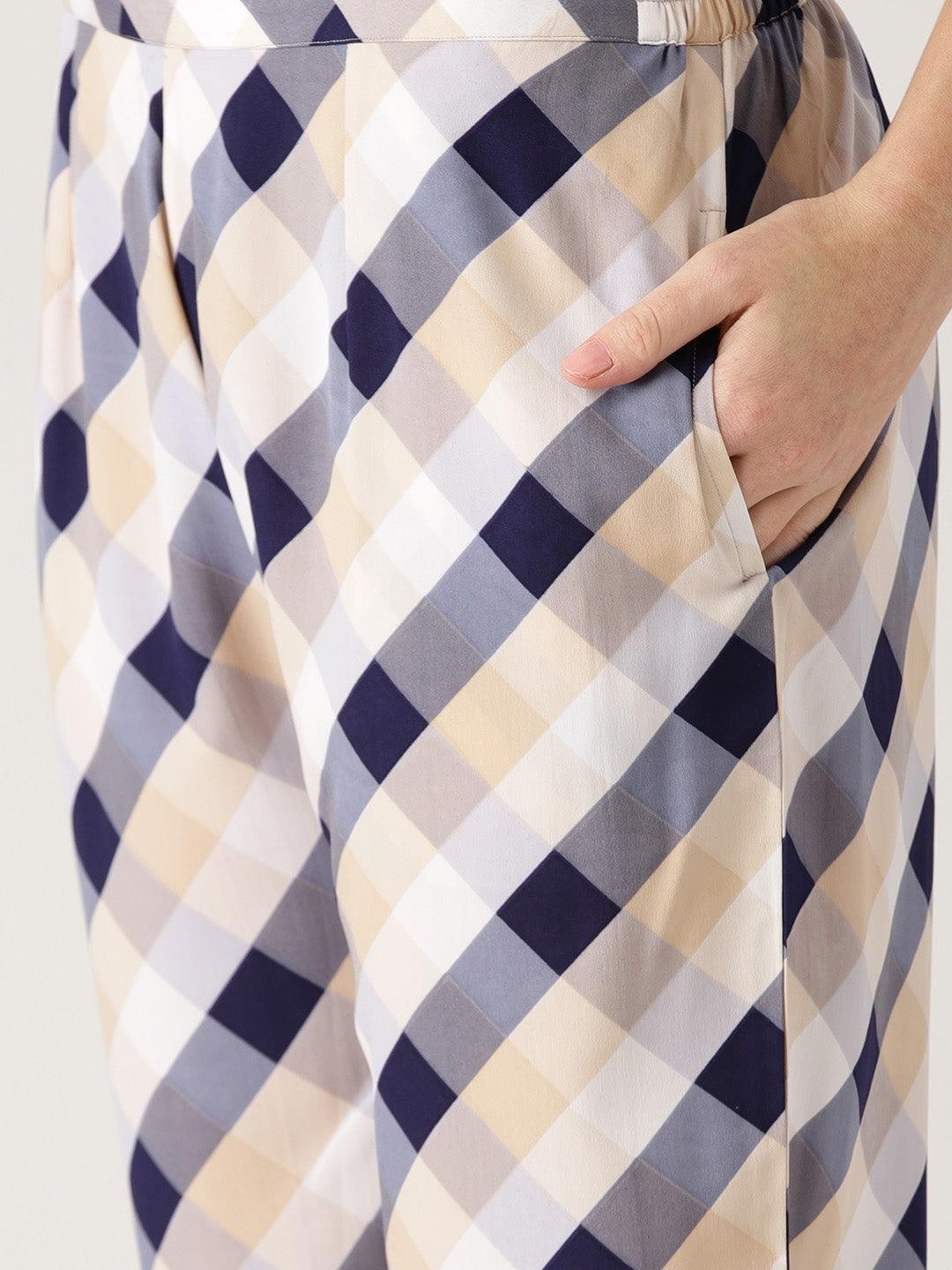 White Checkered Polyester Trousers - ShopLibas