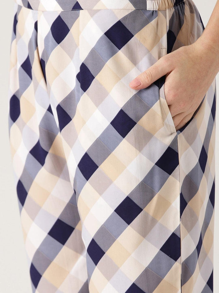 White Checkered Polyester Trousers