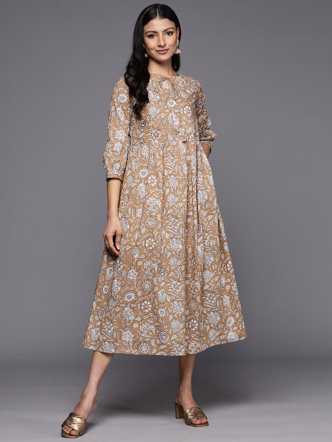 Buy Libas Camel Brown Printed Cotton Empire Dress Online in USA at $20.00