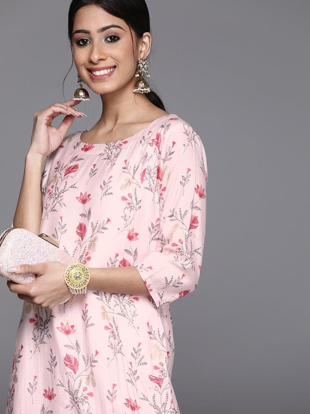 Pink Printed Chanderi Silk Kurta - ShopLibas