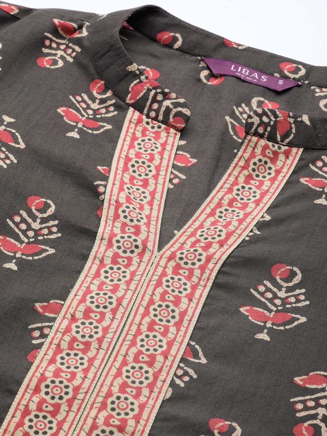 Charcoal Printed Cotton Suit Set - ShopLibas