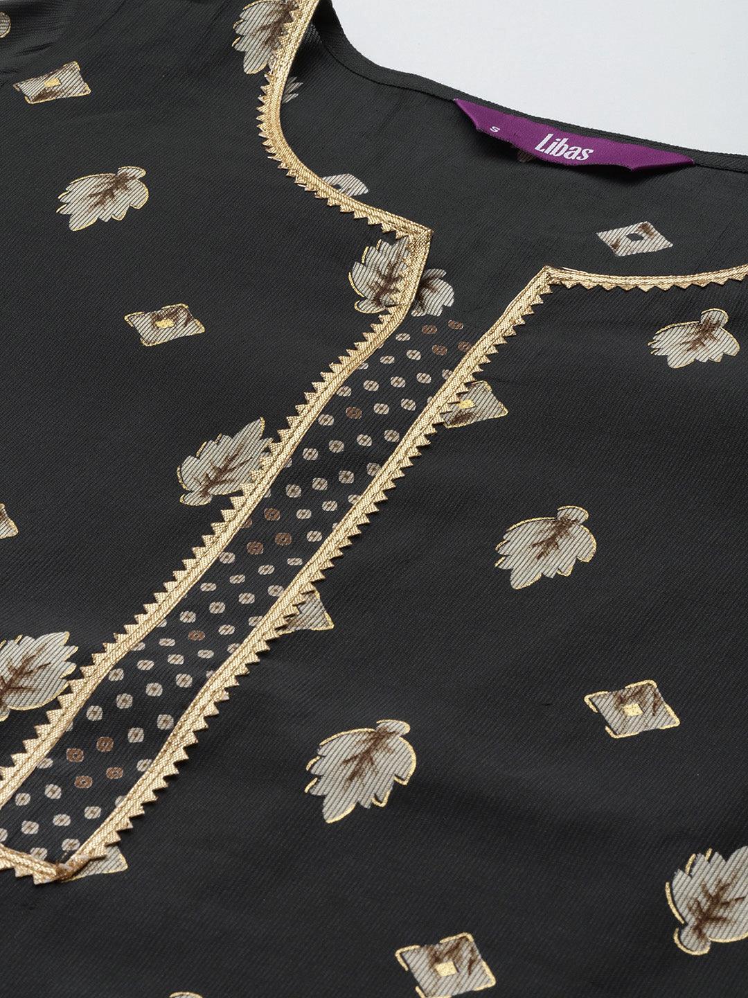 Charcoal Printed Silk Blend Straight Suit Set - ShopLibas