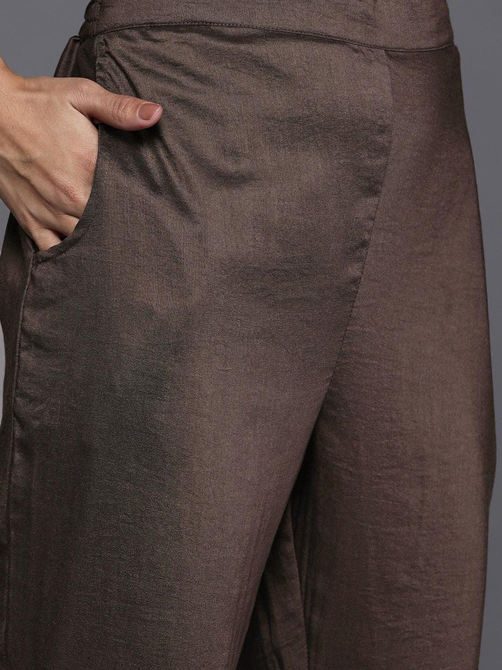 Charcoal Printed Silk Blend Straight Kurta With Dupatta