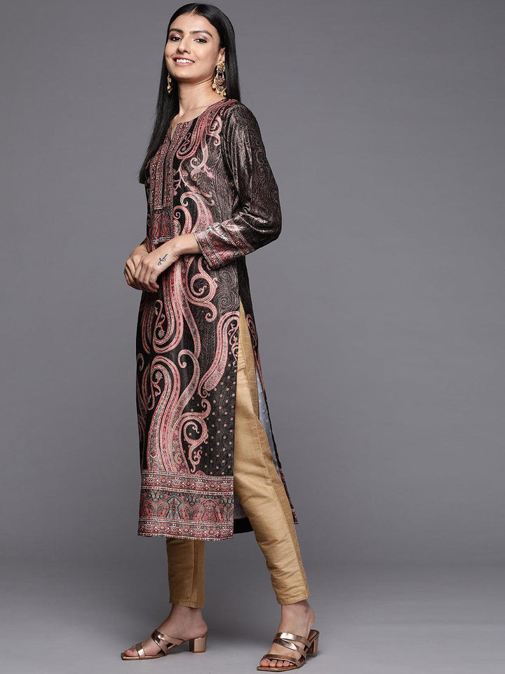 Charcoal Printed Velvet Straight Kurta