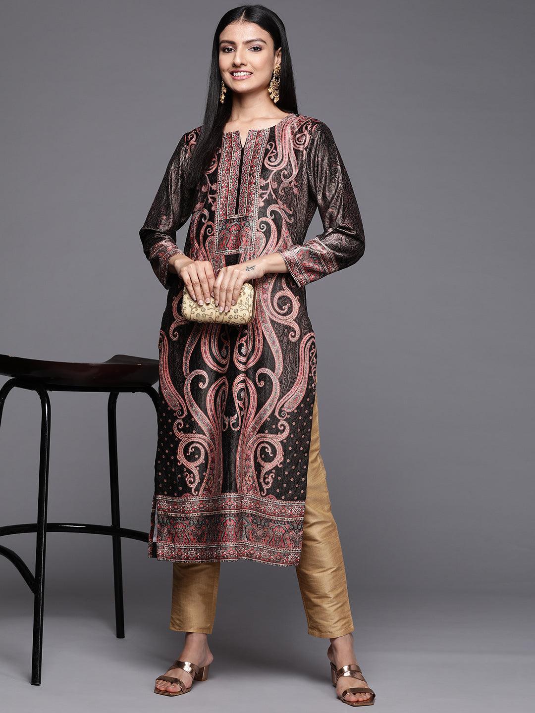 Charcoal Printed Velvet Straight Kurta - Libas