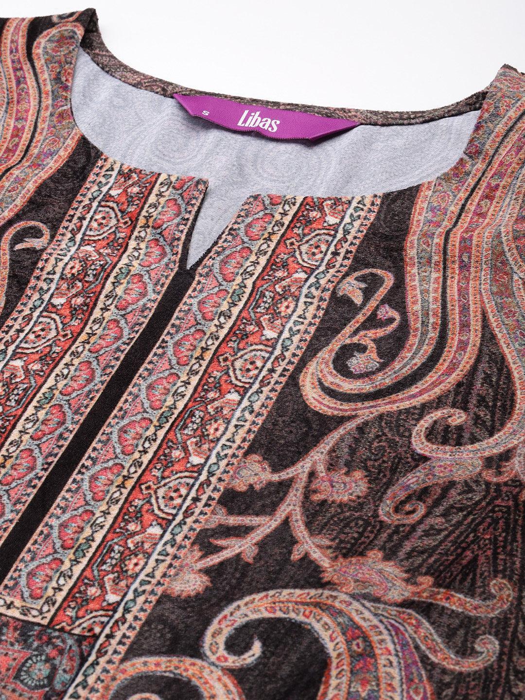 Charcoal Printed Velvet Straight Kurta - Libas