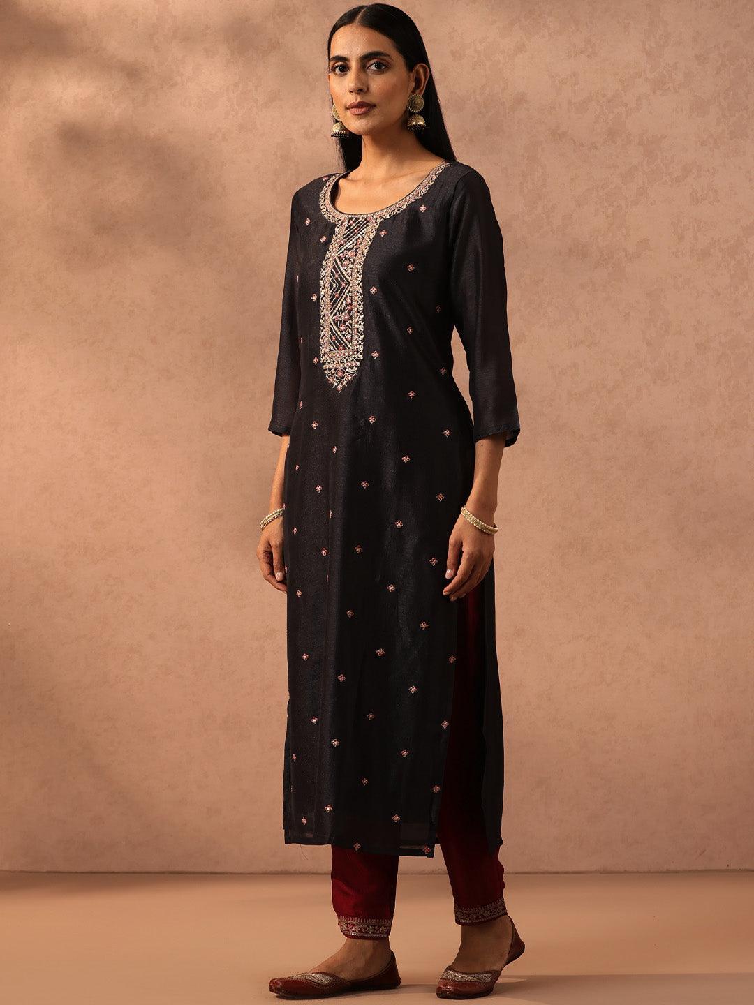Charcoal Embellished Silk Straight Kurta - ShopLibas