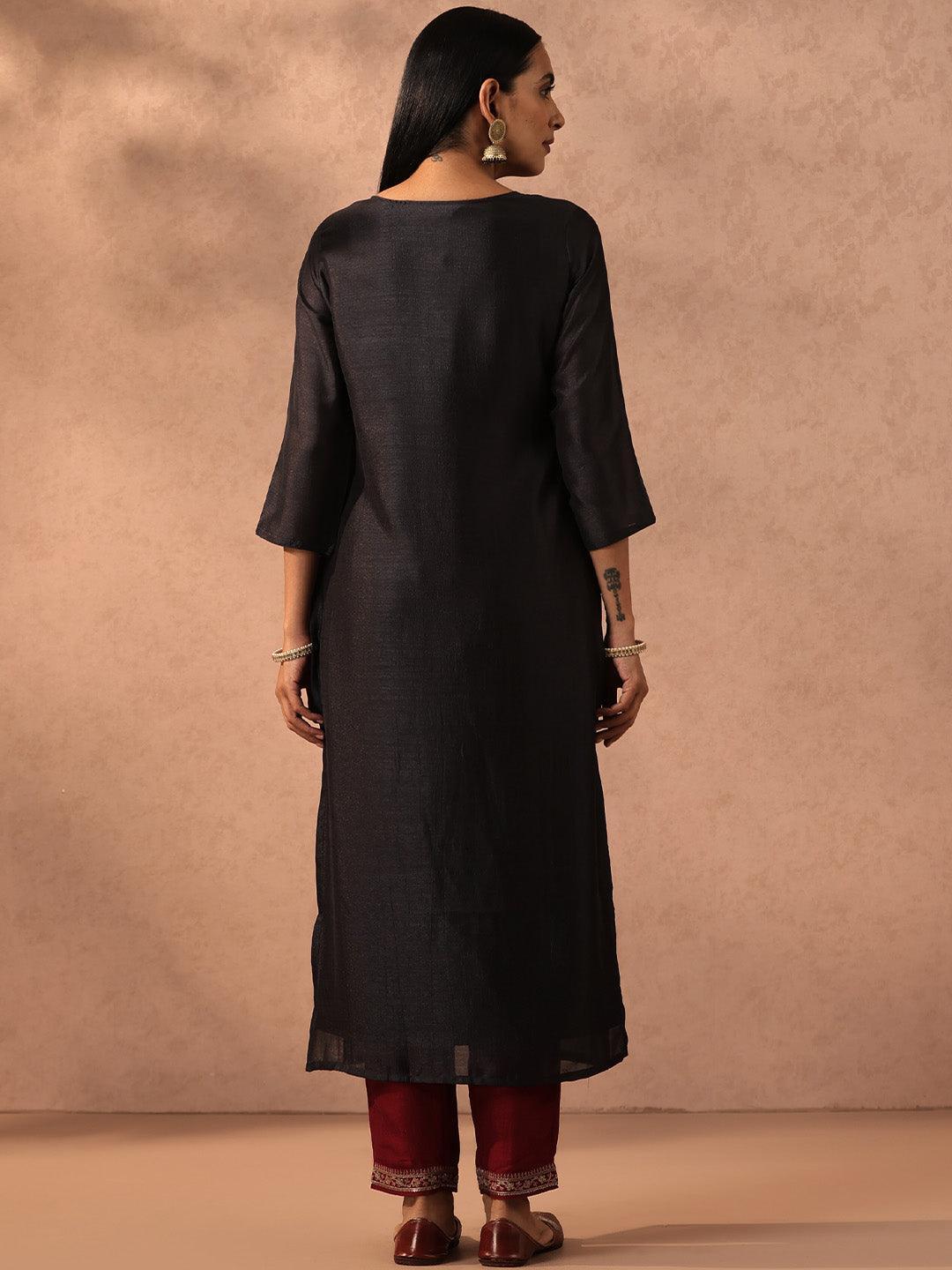 Charcoal Embellished Silk Straight Kurta - ShopLibas