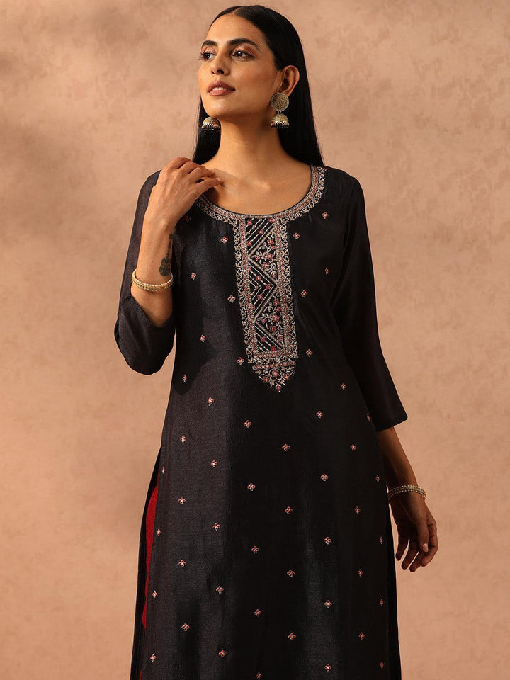 Charcoal Embellished Silk Straight Kurta