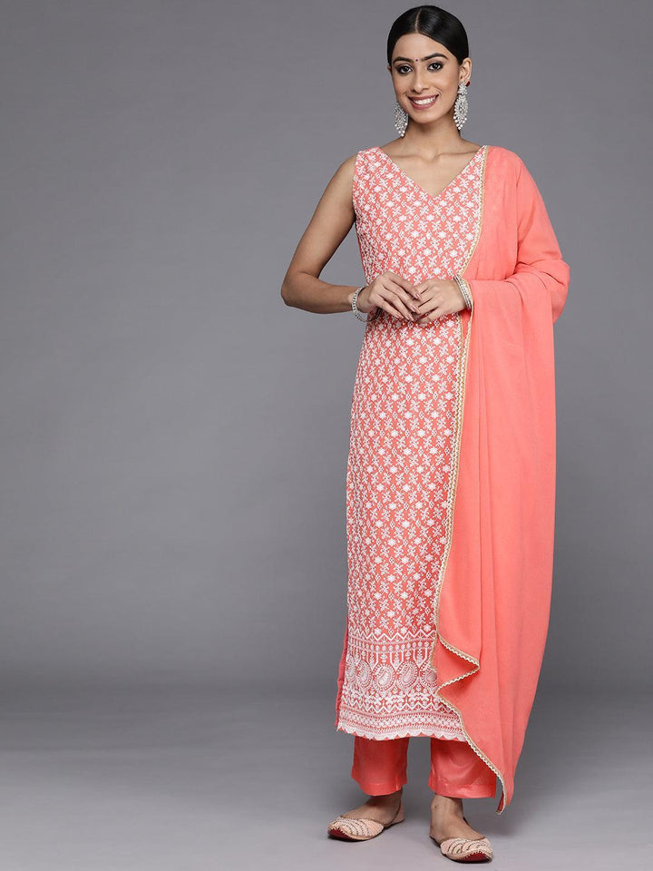 Coral Embroidered Georgette Straight Kurta With Dupatta