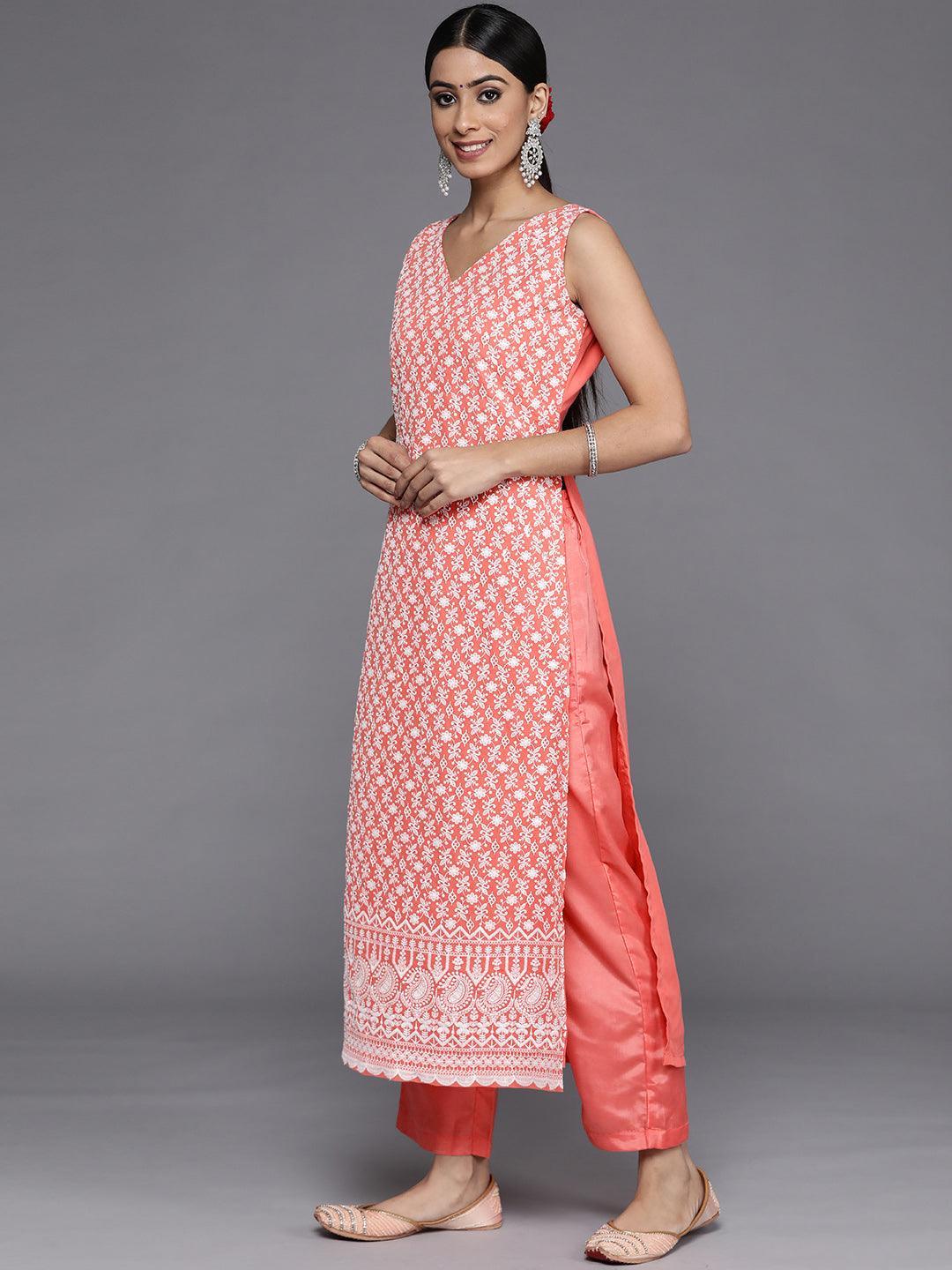 Coral Embroidered Georgette Straight Suit Set With Trousers - Libas