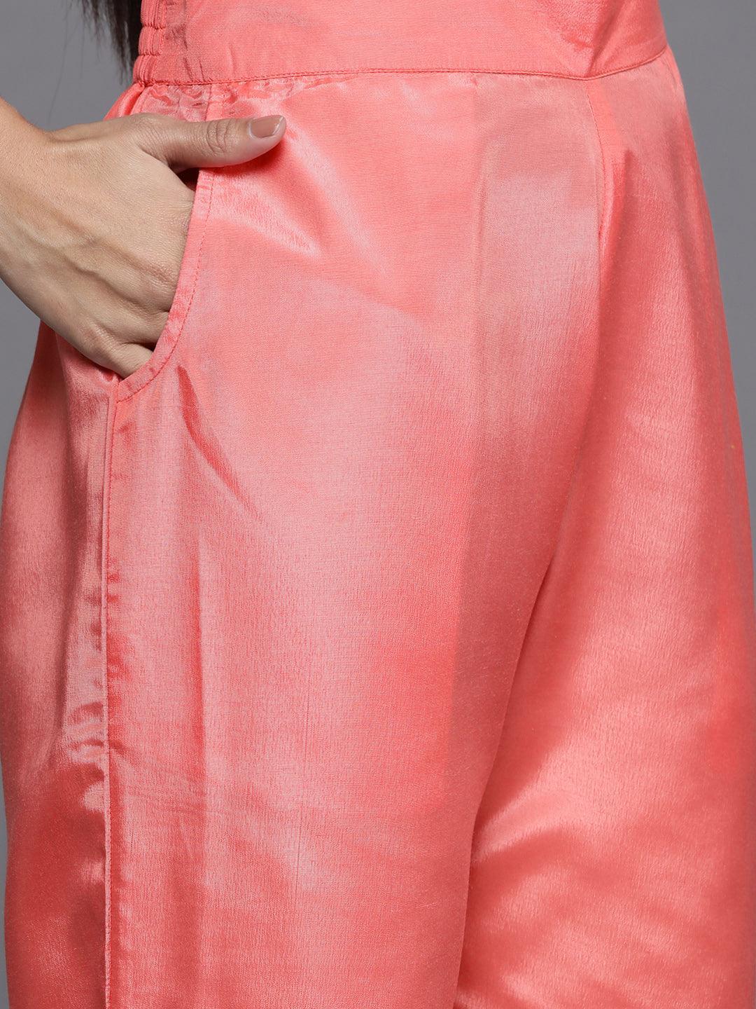 Coral Embroidered Georgette Straight Suit Set With Trousers - Libas