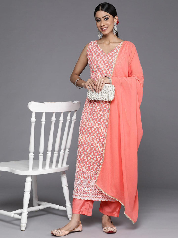 Coral Embroidered Georgette Straight Kurta With Dupatta