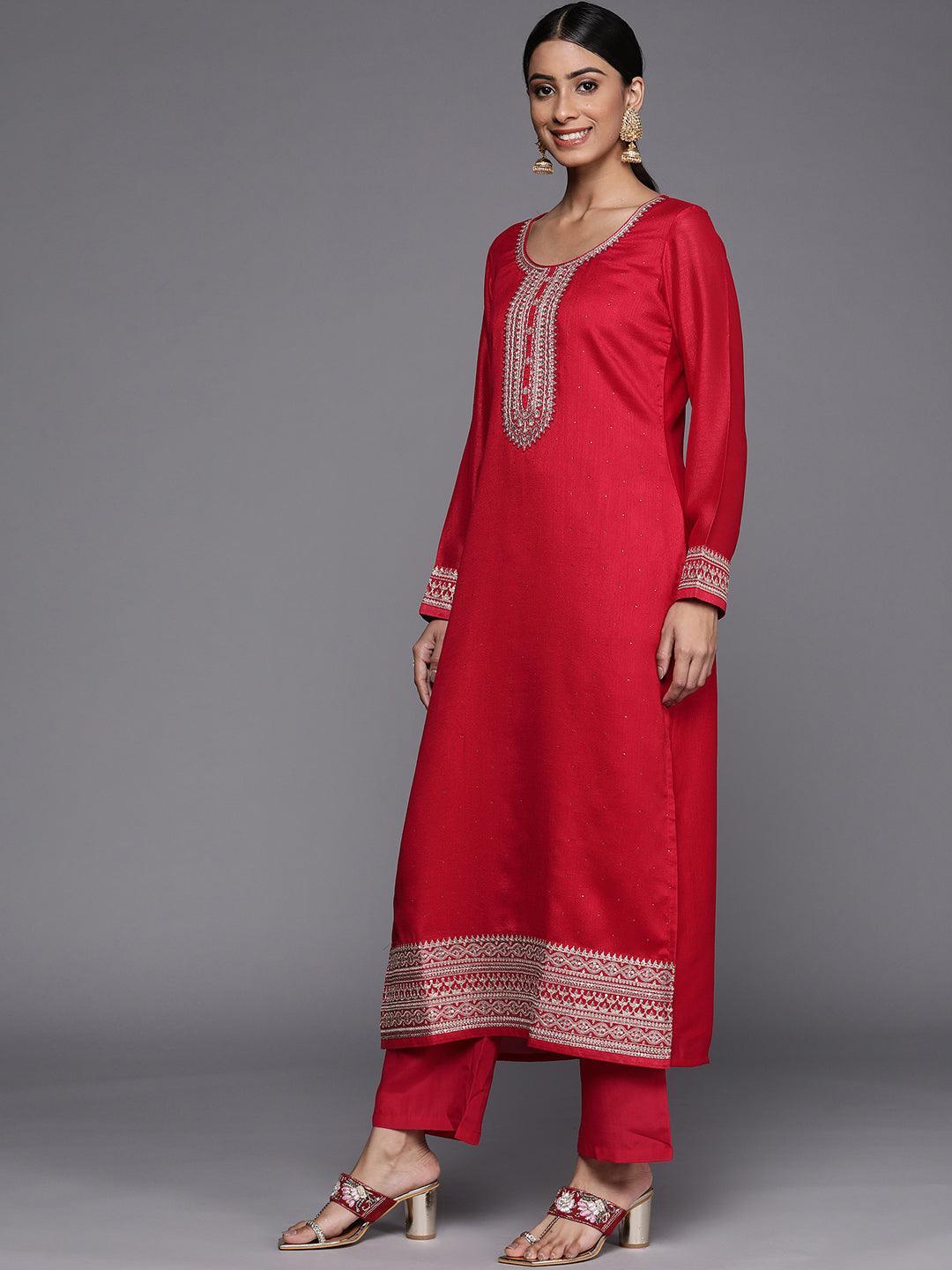 Coral Embroidered Silk Blend Straight Suit Set - ShopLibas