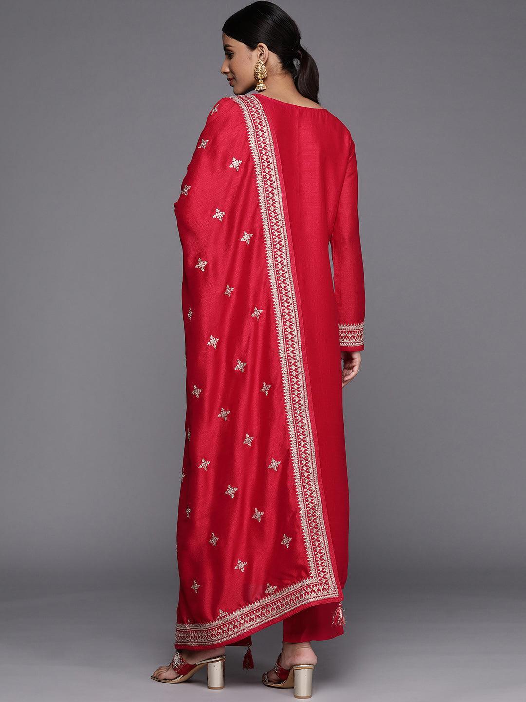 Coral Embroidered Silk Blend Straight Suit Set - ShopLibas