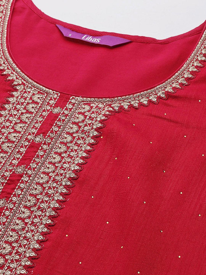 Coral Embroidered Silk Blend Straight Suit Set