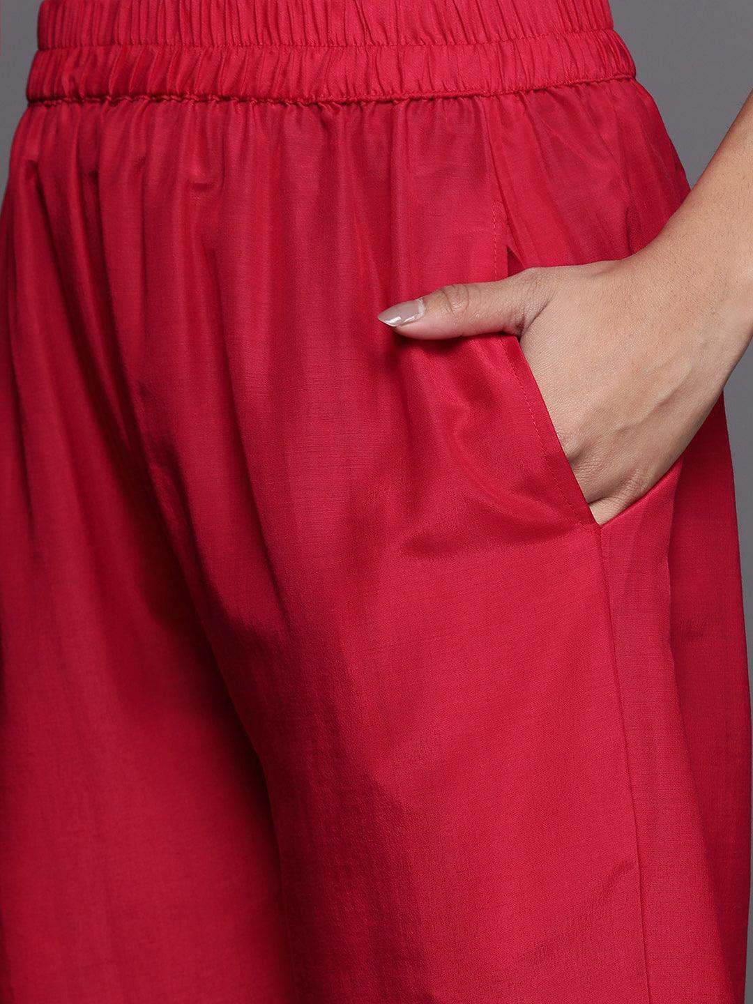 Coral Embroidered Silk Blend Straight Suit Set - ShopLibas