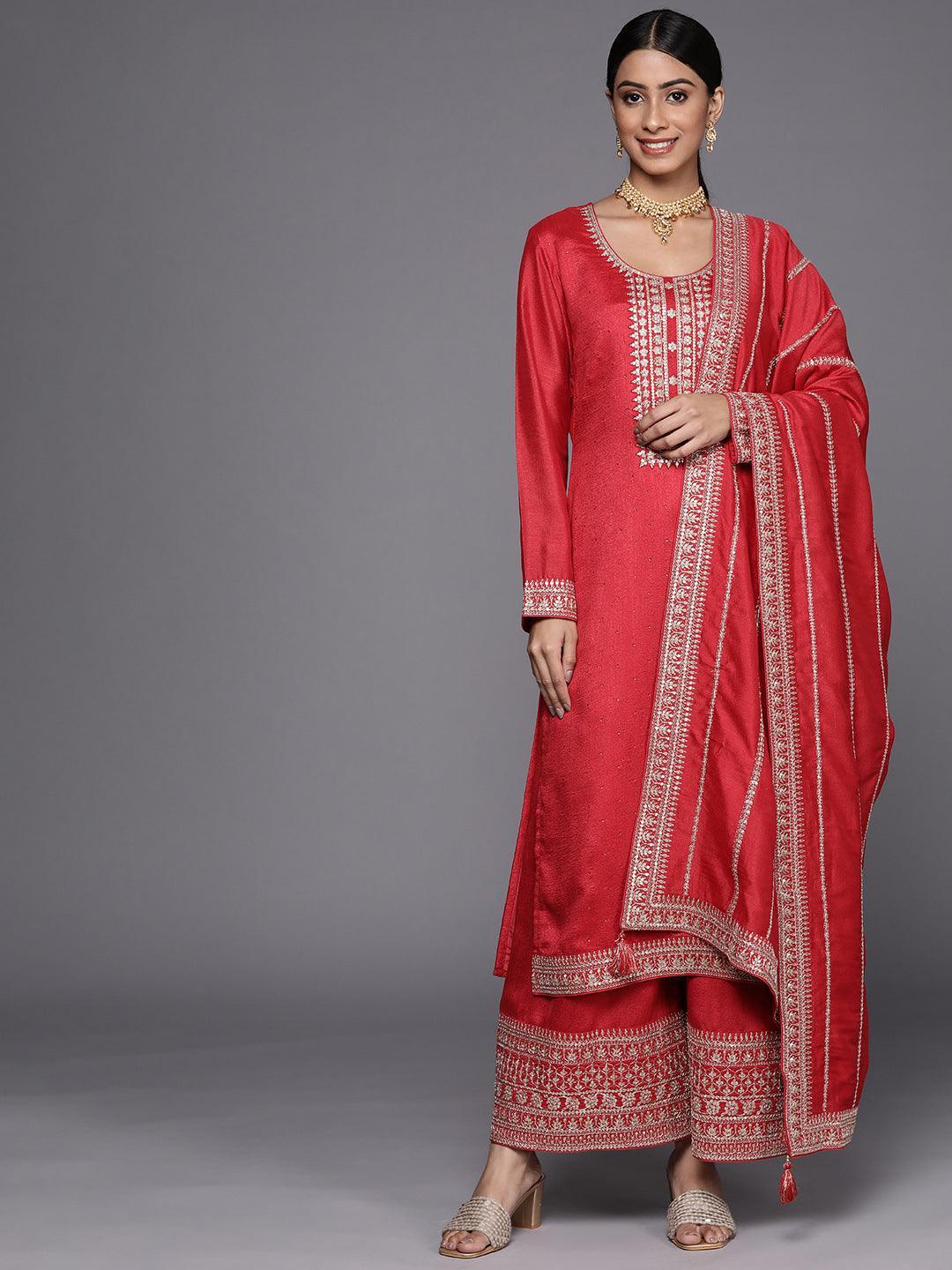 Coral Embroidered Silk Blend Straight Suit Set - ShopLibas