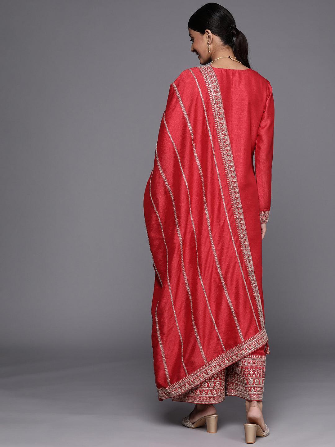 Coral Embroidered Silk Blend Straight Suit Set - ShopLibas