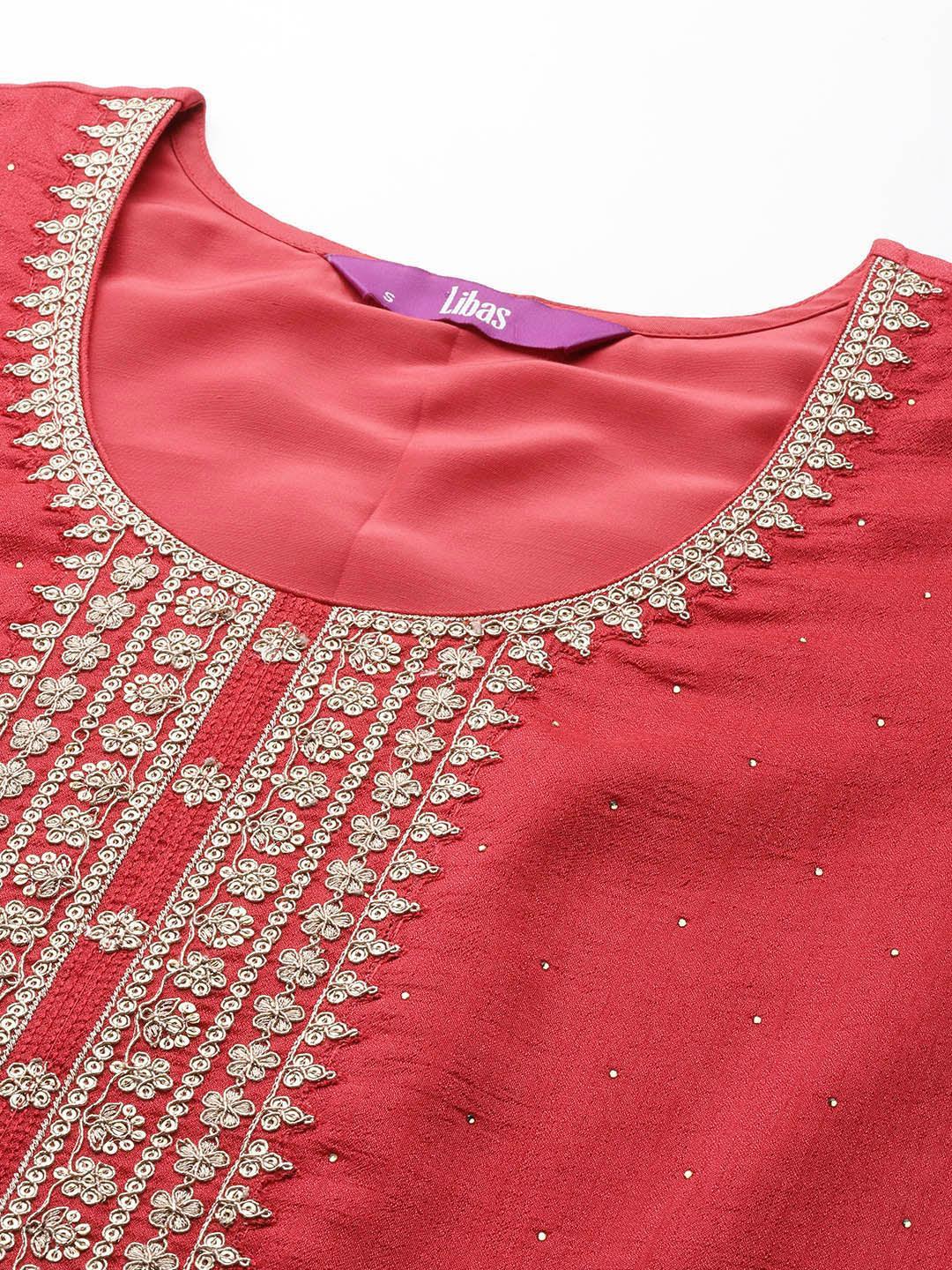 Coral Embroidered Silk Blend Straight Suit Set - ShopLibas