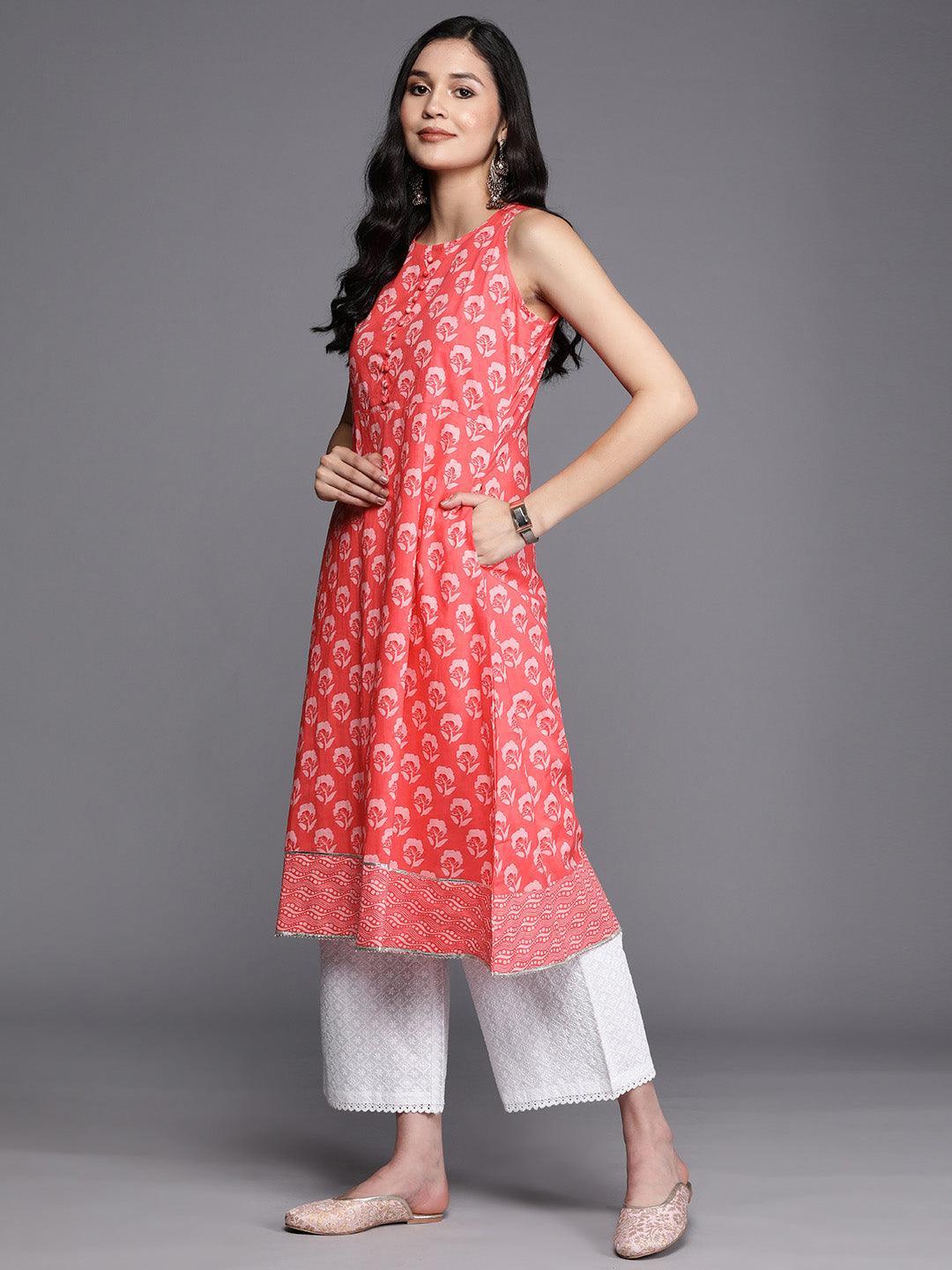 Coral Printed Cotton A-Line Kurta - ShopLibas