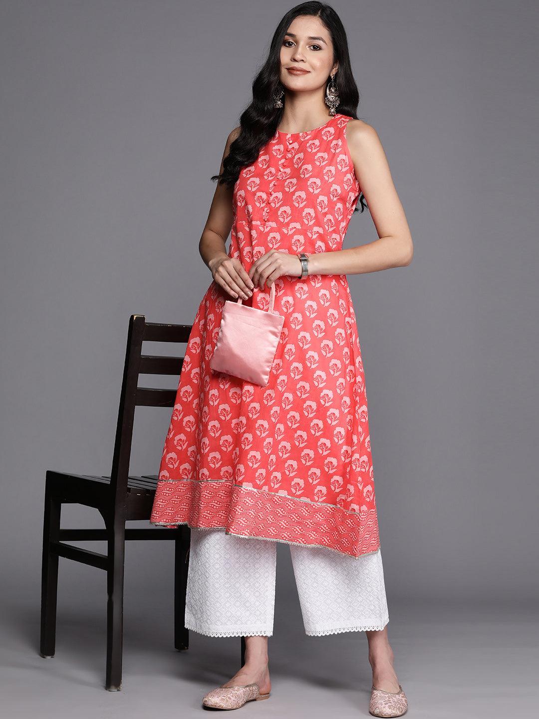 Coral Printed Cotton A-Line Kurta - ShopLibas